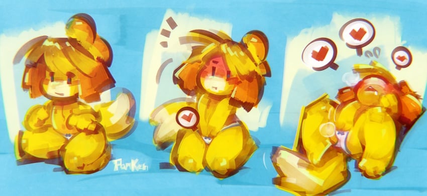 animal_crossing anthro blue_background blush breath canid clothing dipstick_tail female fur heart isabelle_(animal_crossing) mammal masturbation multicolored_tail panken panties panting simple_background solo underwear yellow_background yellow_body yellow_fur