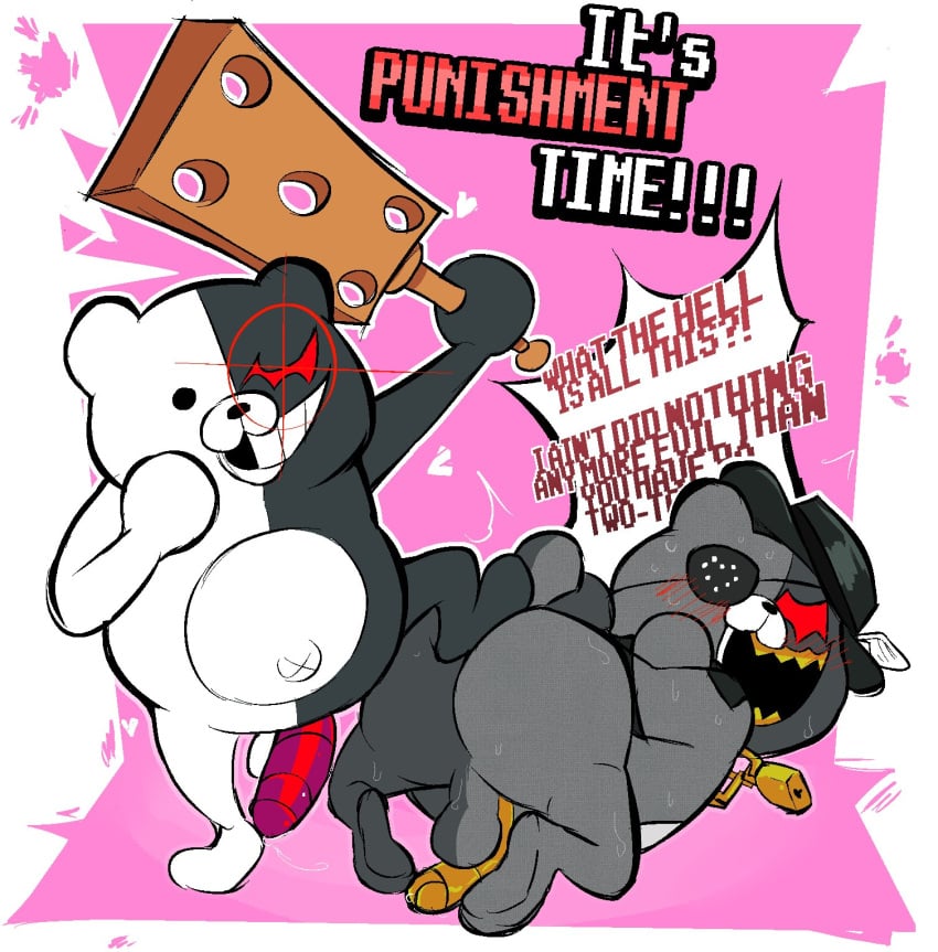 ass balls belly better_version_at_source danganronpa duo genitals hi_res imminent_spanking kurokuma male male/male male_only monokuma navel penis punishment robot_penis smooth_skin torquewintress