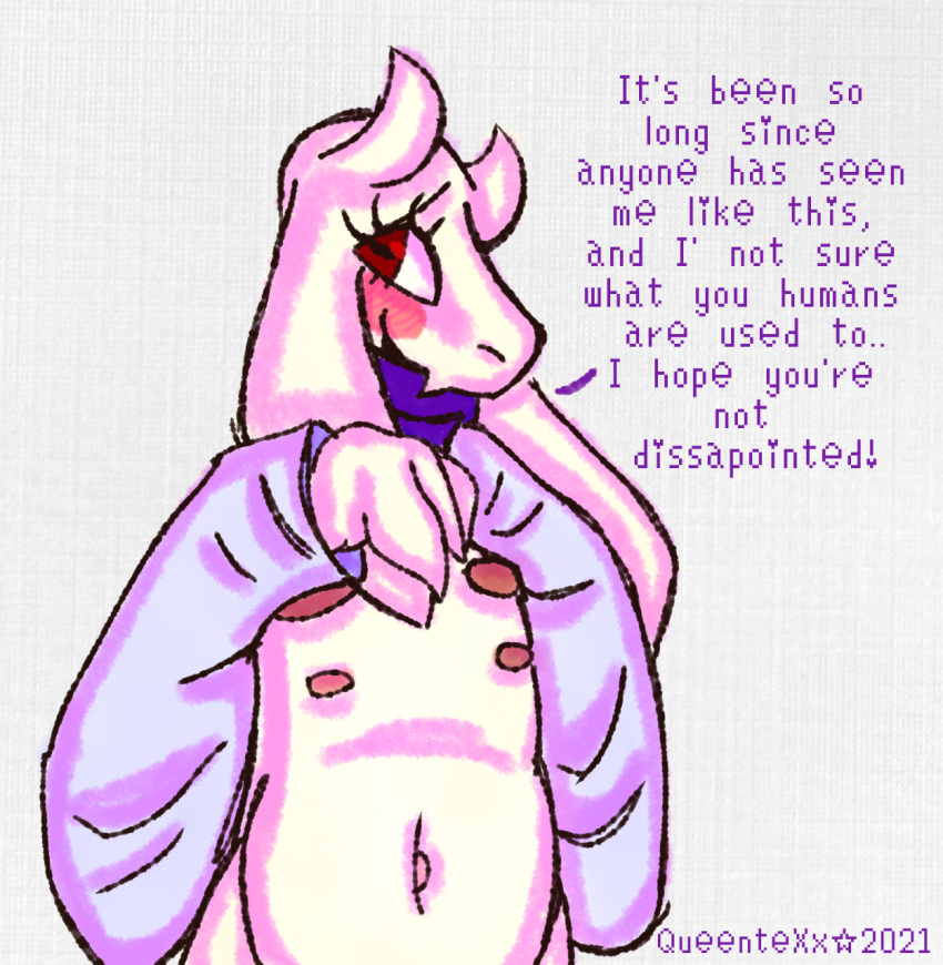 anthro blush boss_monster bovid caprine clothing dialogue fangs female flashing flat_chested floppy_ears goat hi_res horn mammal mature_female multi_nipple nipples queentexx robe solo toriel undertale video_games