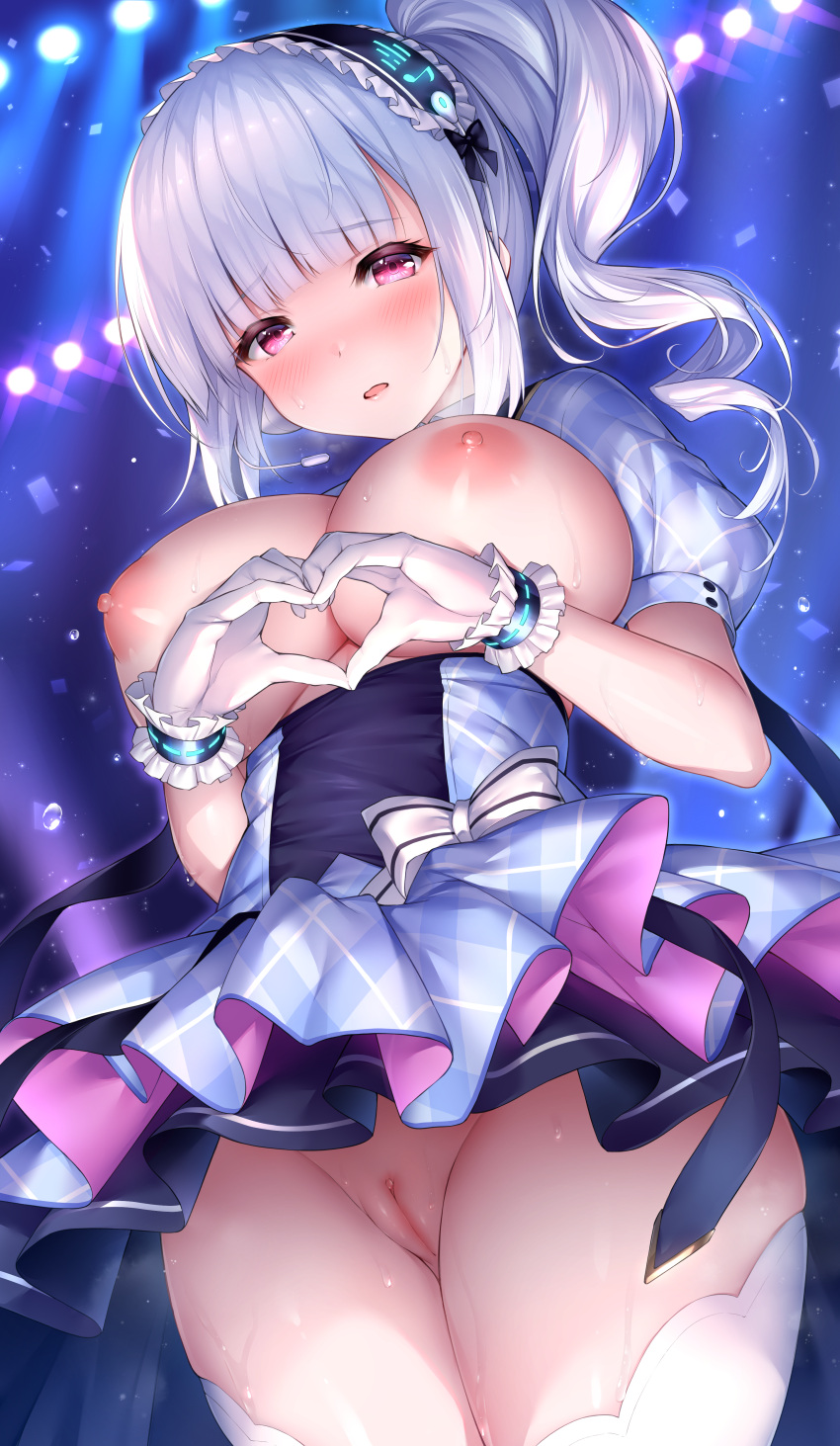 azur_lane blush breasts dido_(azur_lane) dido_(muse)_(azur_lane) headphones nipples no_bra nopan oyuwari pussy silver_hair thighhighs tied_hair uncensored wet yuwari_ume