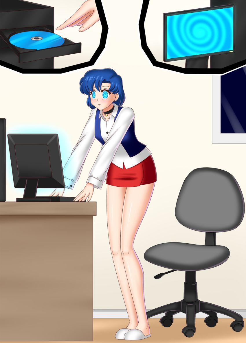 1girls ami_mizuno bishoujo_senshi_sailor_moon blue_eyes blue_hair bluebullpen clothing computer disk electronics female female_only human hypnosis long_legs mind_control short_hair skirt solo_female uniform