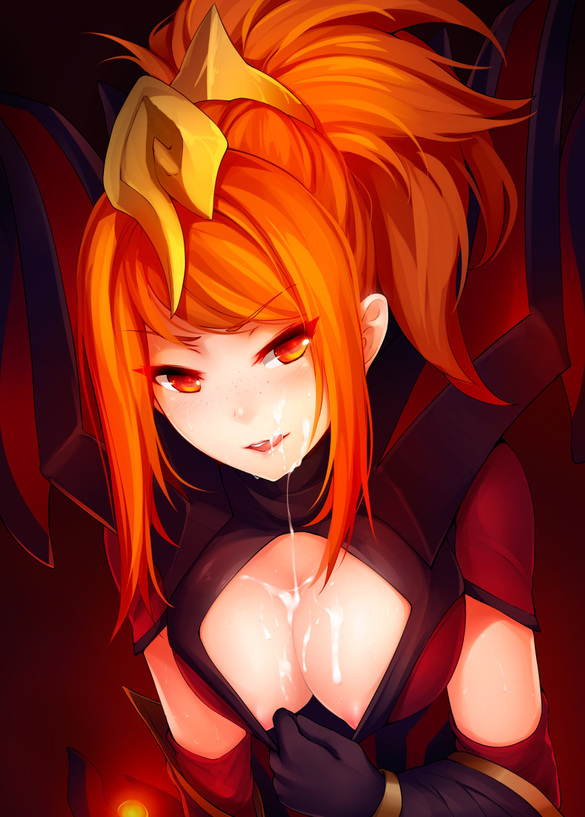 big_breasts breasts cum cum_in_mouth cum_on_breasts cum_on_face elementalist_lux freckles gloves hair_ornament headgear kerasu league_of_legends looking_to_the_side luxanna_crownguard magma_elementalist_lux orange_eyes orange_hair ponytail ricegnat riot_games sidelocks tagme