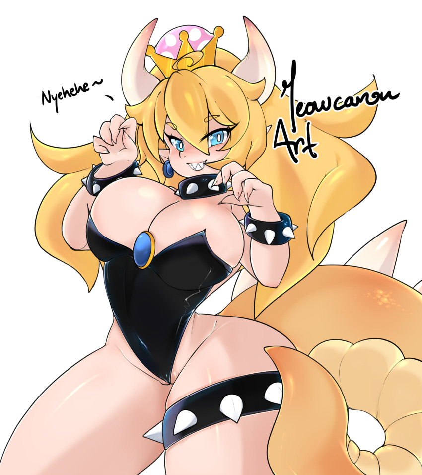 alternate_species blonde_hair bowsette collar crown genitals hair hi_res humanoid humanoidized mario_(series) meowcaron new_super_mario_bros._u_deluxe nintendo pussy pussy_floss rule_63 spiked_collar spikes super_crown video_games white_background wide_hips