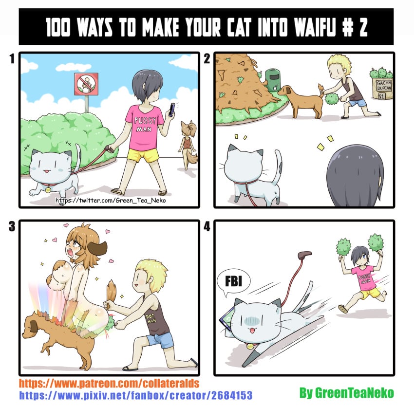 4koma absurd_res anal anal_bleeding animal_humanoid anthro anus blood blush bodily_fluids bottomwear breasts canid canid_humanoid canine canine_humanoid canis clothed clothing comedy comic dialogue digital_media_(artwork) dog_humanoid domestic_cat domestic_dog duo durian english_text erection felid feline felis female female_penetrated feral feral_to_humanoid funny fur greenteaneko group hair hair_over_eye heart hi_res human humanoid humor leash male male/female male_penetrating male_penetrating_female mammal mammal_humanoid meme mongirl_4koma nude object_insertion one_eye_obstructed open_mouth page_2 pale penetration phone plant running shirt shorts shrub species_transformation tail_pull tank_top text toony topwear transformation trash_can url x_anus