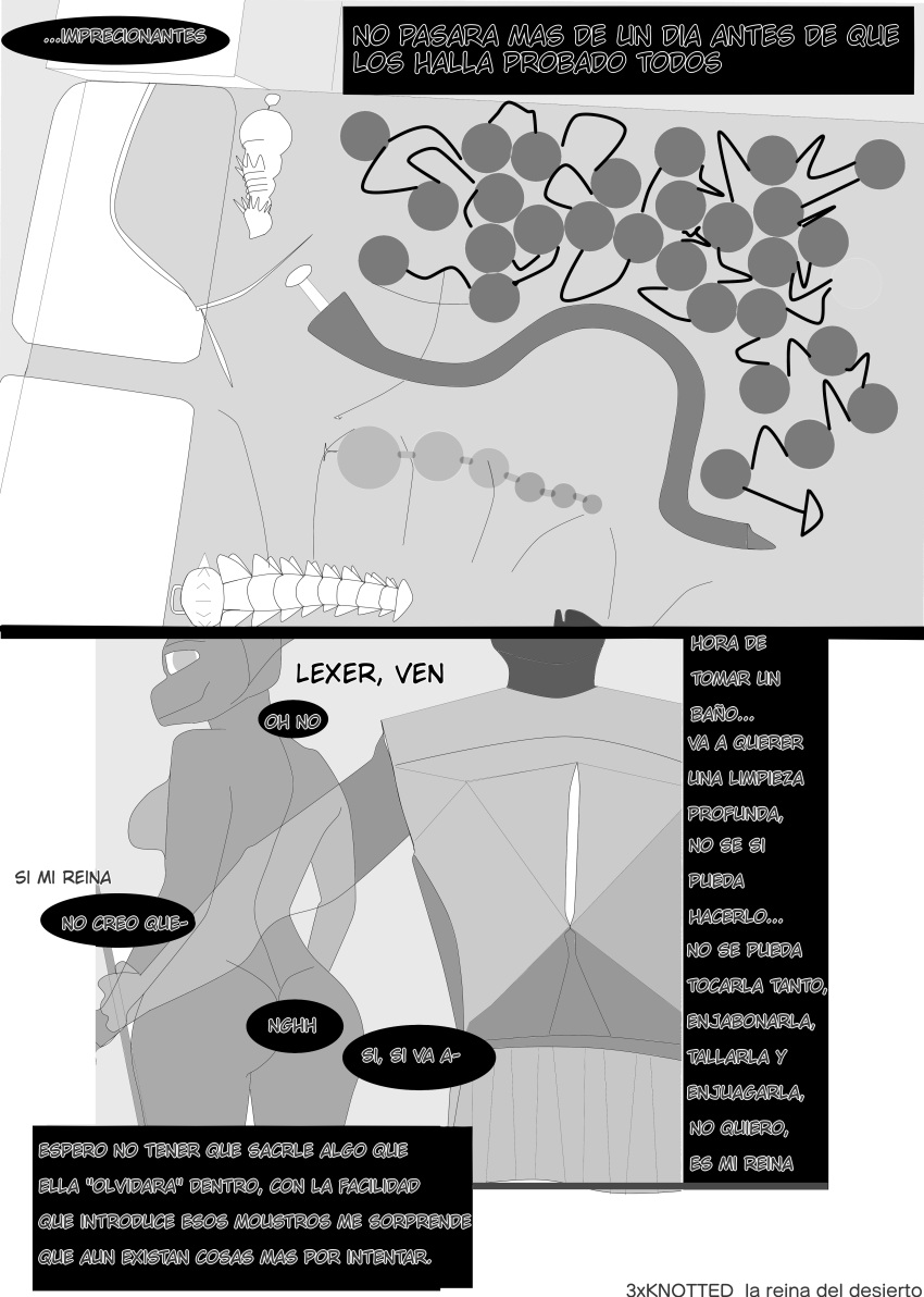 3xknotted absurd_res anal_beads anthro anubian_jackal armor ass bed_sheet bedding bedroom canid canine canis casual_exposure clothing comic dildo female flat_colors greyscale group guards hi_res hybrid jackal komodo_dragon lexer_(3xknotted) lizard long_dildo male male/female mammal manga monitor_lizard monochrome queen reptile royalty scalie sex_toy sex_toy_background shirt solo_focus spiked_dildo spikes tank_top tattoo text text_on_clothing text_on_shirt text_on_tank_top text_on_topwear topwear translation_request