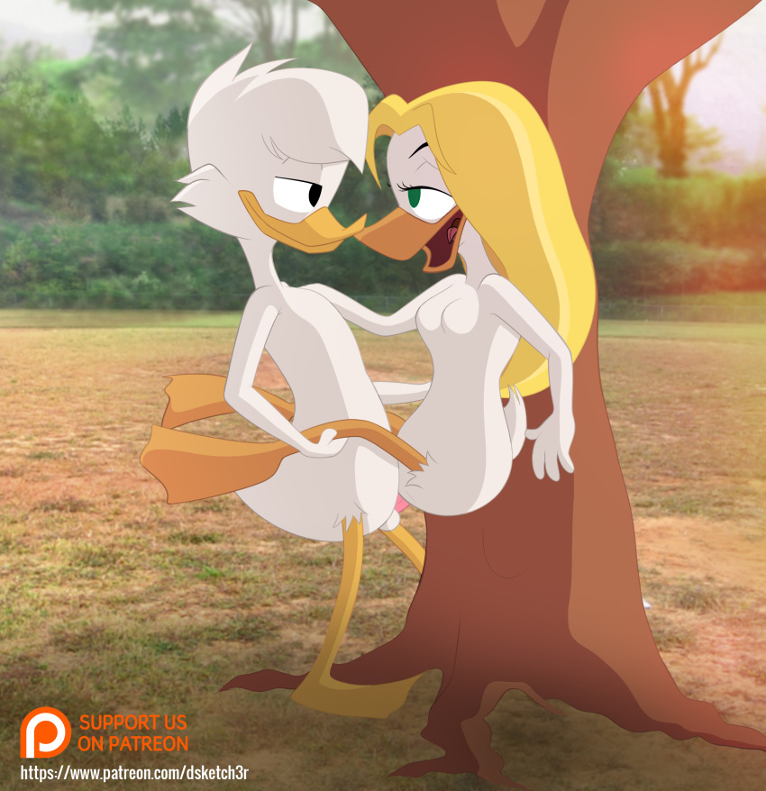 2020 absurd_res against_tree ambiguous_penetration anatid anseriform anthro avian beak bird blonde_hair breasts disney dsketch3r_(artist) duck ducktales ducktales_(2017) duo female furry goldie_o'gilt hair hi_res intraspecies non-mammal_breasts nude outside penetration penile penile_penetration penis plant scrooge_mcduck sex side_view standing standing_sex testicles tree white_body white_hair