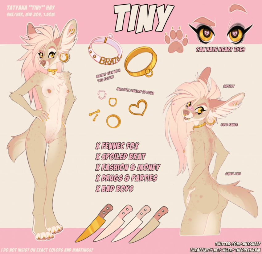 breasts canid canine collar ear_piercing female fennec fox gauged_ear gold_(metal) gold_jewelry hi_res jewelry mammal metal_collar model_sheet piercing slim small_breasts solo tiny_(disambiguation) tueddelkram