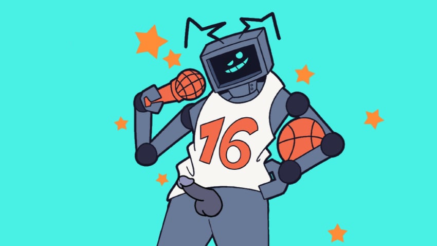 1boy artist_request balls basketball basketball_uniform computer friday_night_funkin friday_night_funkin_mod hex_(fnf_mod) hex_(friday_night_funkin) hex_(yingyang48) male male_only mic penis robot screen_face small_penis smug_grin solo stars tagme tv vs_hex_(fnf_mod)