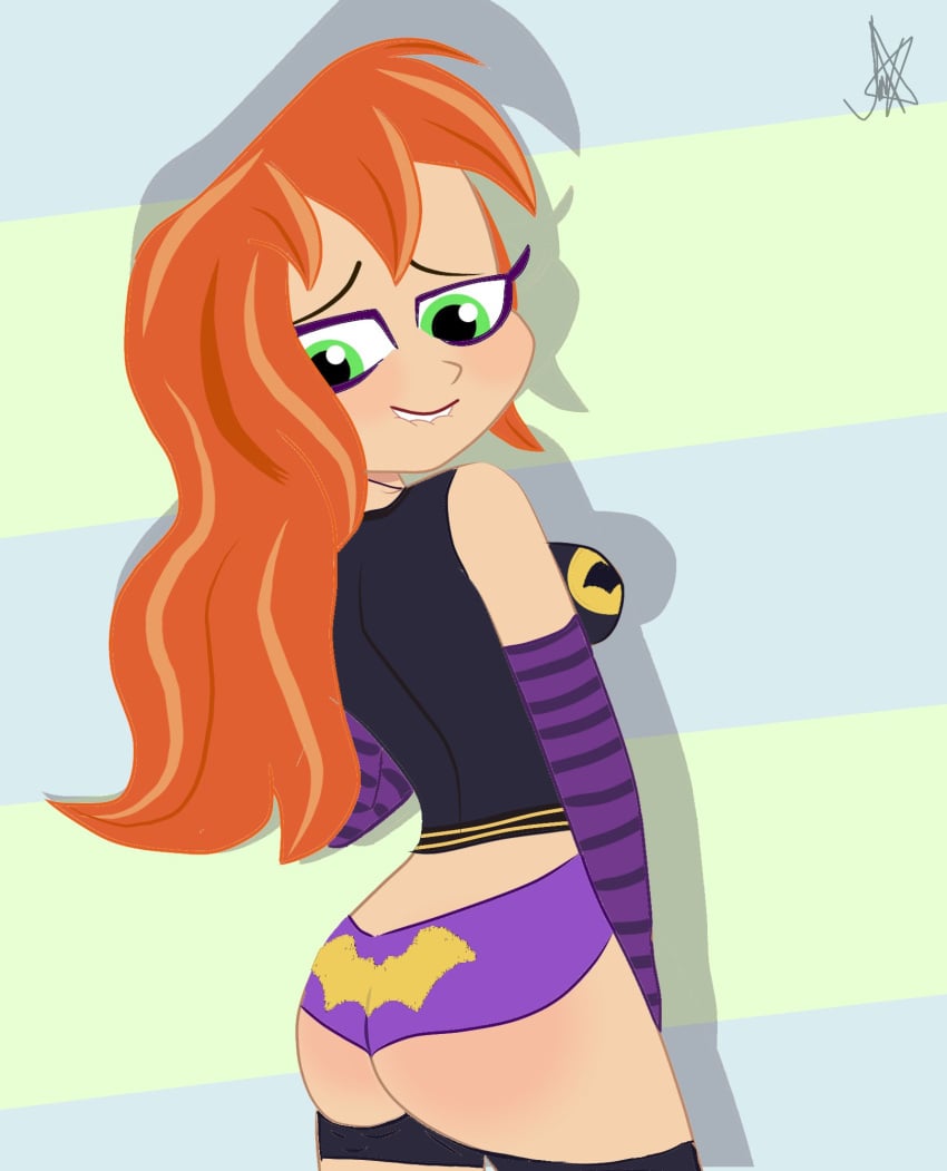 1girls after_spanking ass barbara_gordon batgirl_panties big_ass biting_lip dc dc_comics dc_super_hero_girls female female_only jean_nsfw looking_back orange_hair panties rear_view solo spank_marks spanked striped_armwear