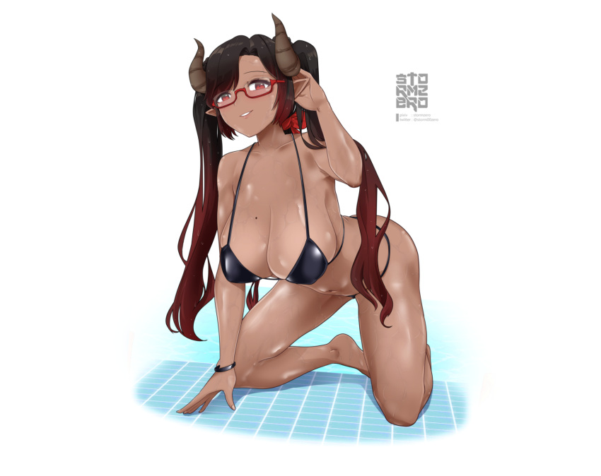 1girls beauty_mark black_hair bracelet chinese_clothes ciel_ushi cow_ears detached_sleeves draph draph_race_(granblue_fantasy) female glasses granblue_fantasy horns huge_breasts looking_at_viewer red_eyes red_highlights smile smiling smiling_at_viewer stormzero swimming_pool swimsuit tanned tanned_skin twintails wet wet_skin