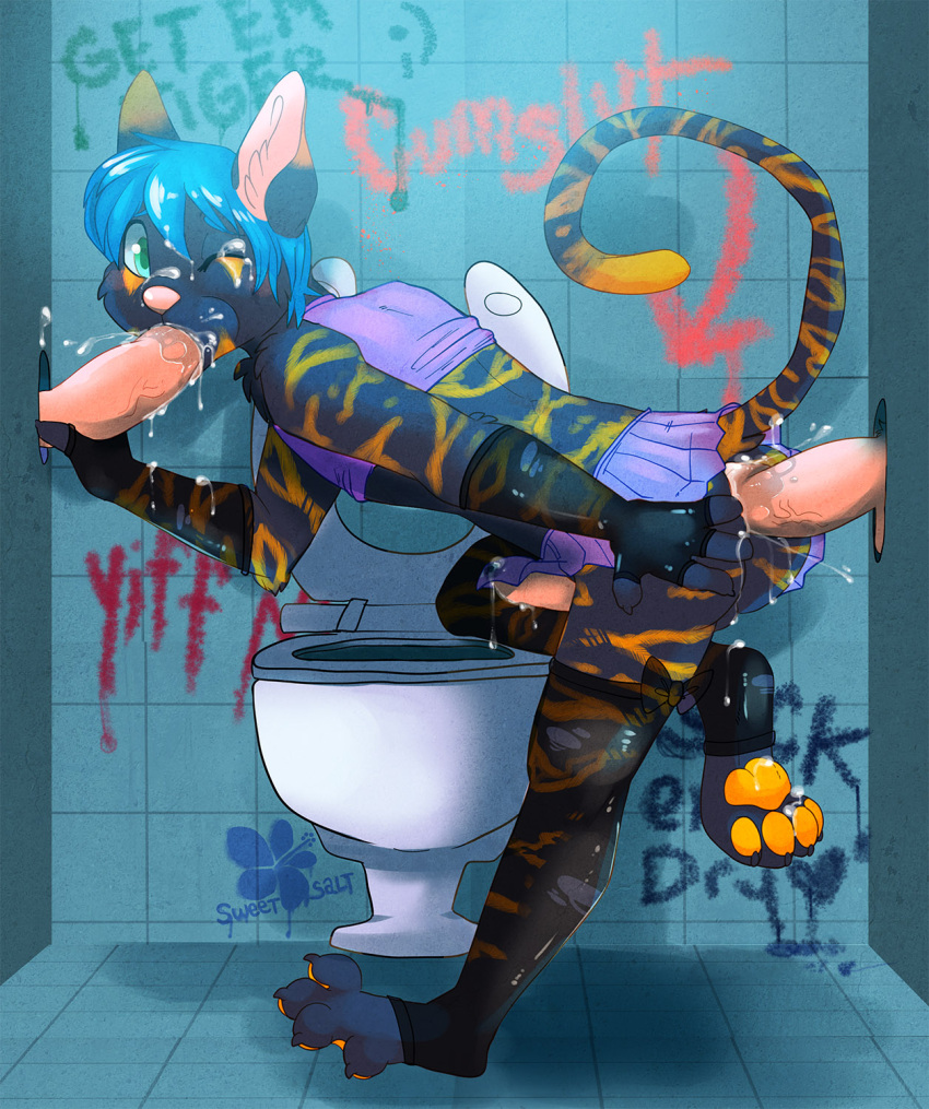 anal anal_sex anthro ass bathroom bathroom_sex black_body black_fur blue_hair bodily_fluids bottomwear clothed clothing crop_top crossdressing cum cum_drip cum_in_ass cum_in_mouth cum_inside cum_on_arm cum_on_bottomwear cum_on_butt cum_on_clothing cum_on_face cum_on_feet cum_on_skirt digital_media_(artwork) double_penetration dripping english_text erection feet felid fellatio fur genital_fluids genitals girly girly_clothing glory_hole gloves graffiti group group_sex hair handwear hi_res humanoid_genitalia humanoid_penis kazy_(kaze87) legwear looking_back male male/male male_penetrated male_penetrating male_penetrating_male mammal markings midriff miniskirt oral orange_markings penetration penile penile_penetration penis plantigrade public public_restroom raised_tail restroom_stall s3aparty sex shirt skimpy skirt skirt_boner solo_focus spread_toes stockings text threesome toes toilet topwear