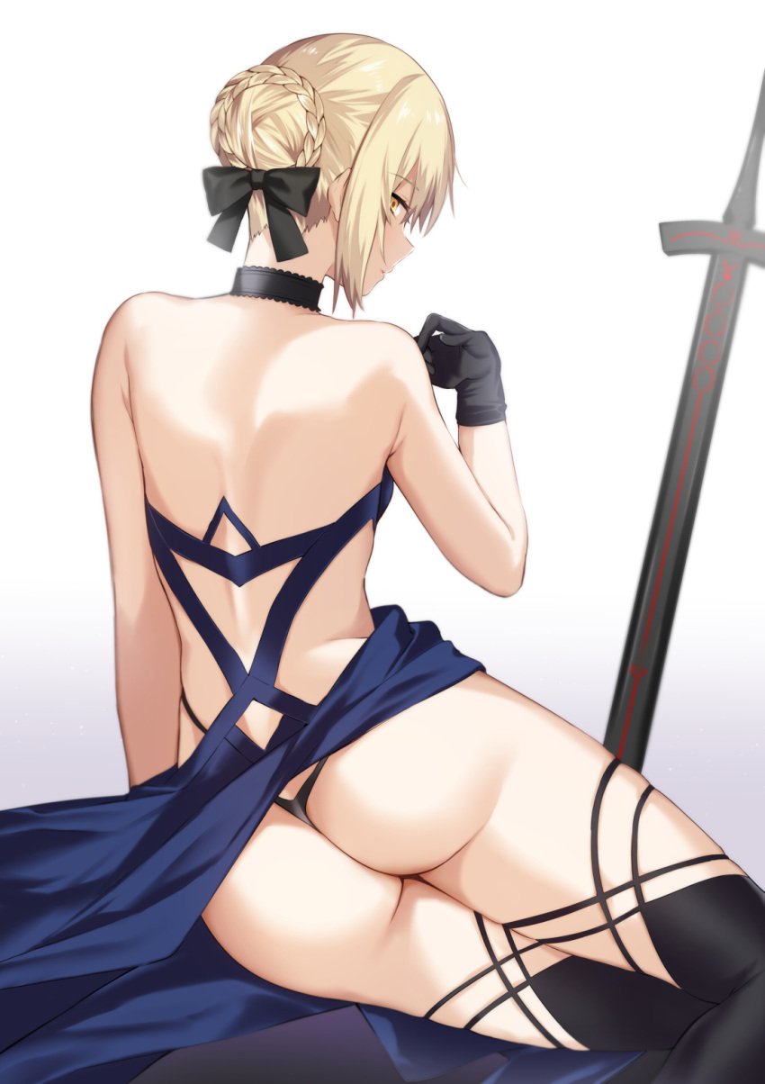 1girls artoria_pendragon artoria_pendragon_(alter) artoria_pendragon_(swimsuit_rider_alter) ass backless_dress backless_outfit bare_shoulders black_dress black_gloves black_ribbon blonde_hair braid braided_bun choker dress fate/grand_order fate/stay_night fate_(series) female female_ass female_only french_braid from_behind gloves hair_bun hair_ribbon highres iriehana looking_at_viewer nape ribbon ribbon_choker shoulder_blades sidelocks simple_background sitting solo solo_female source_request sword thong weapon white_background yellow_eyes yokozuwari