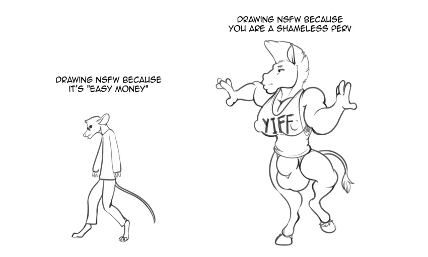 2021 anthro balls_outline black_and_white bottomwear breasts bulge clothed clothing comparing digitigrade duo english_text equid equine freckles_(artist) futanari genital_outline gynomorph hair hi_res hooves horse humor intersex long_sleeves male mammal meme mohawk monochrome murid murine muscular muscular_anthro muscular_gynomorph muscular_intersex nipple_outline pants rat rodent shirt simple_background tank_top text text_on_clothing text_on_shirt text_on_tank_top text_on_topwear topwear underwear virgin_vs._chad white_background