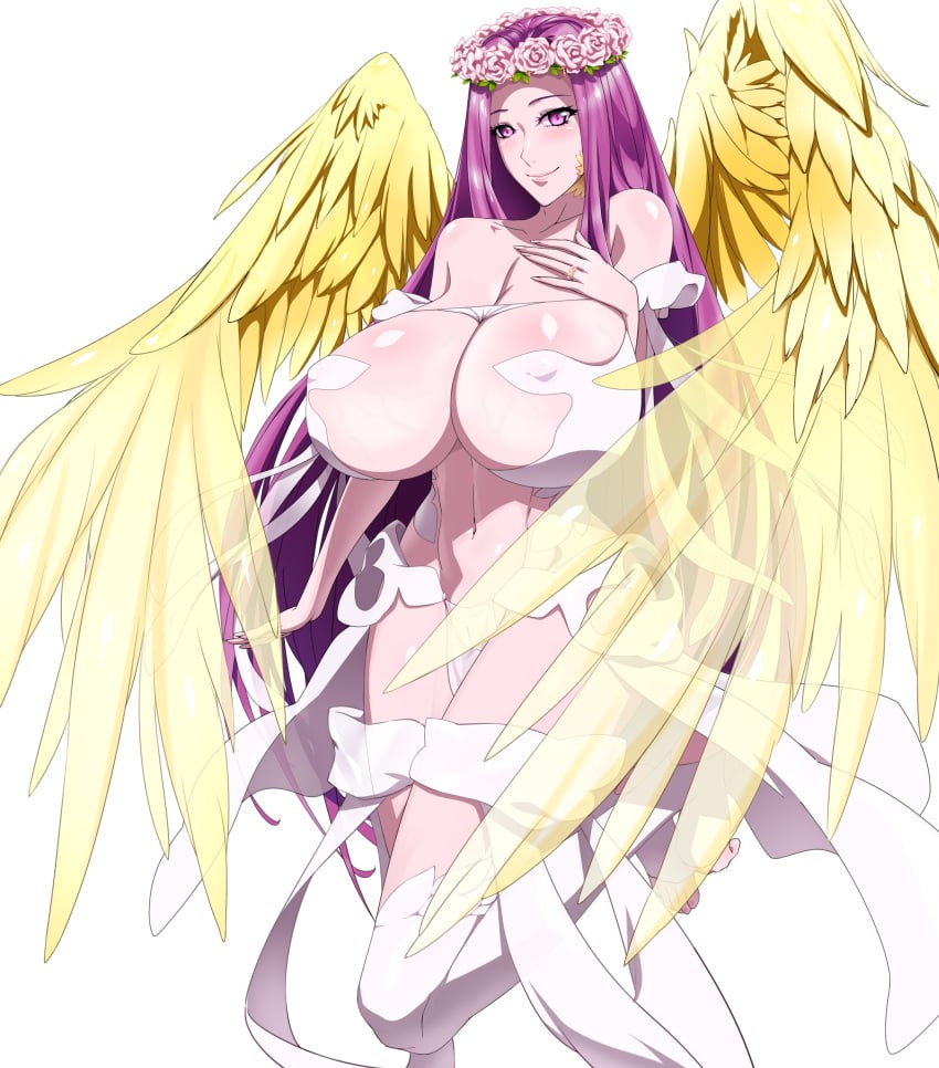 absurdres angel_wings angle blush cleavage fate/grand_order fate_(series) female_focus flower_wreath gorgon_(fate) highres huge_breasts long_hair looking_at_viewer medusa_(fate) navel purple_eyes purple_hair revealing_clothes shoujo_donburi smile solo thighhighs wings