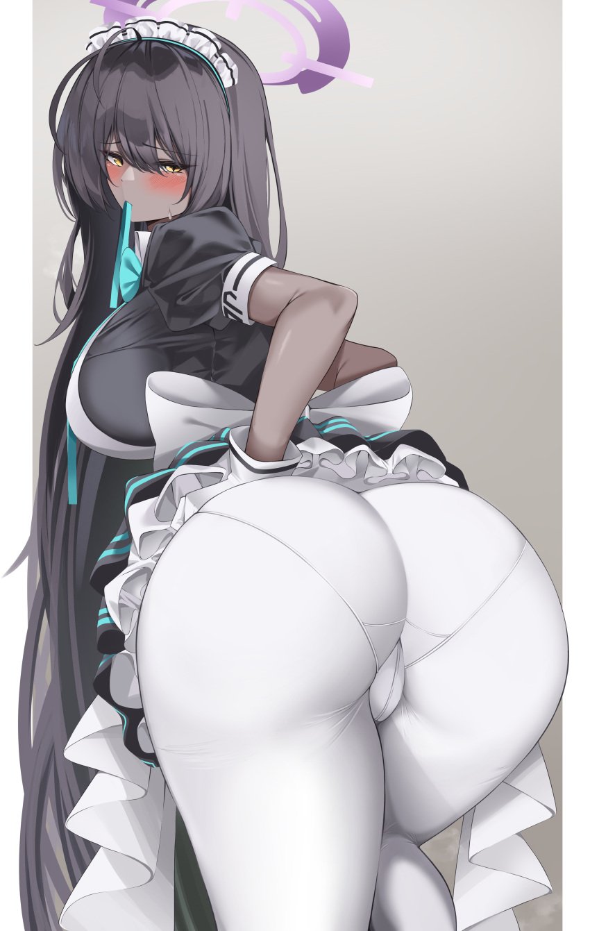 absurdres ahoge apron ass bangs bannou_ippoutsukou bent_over black_dress black_hair blue_archive blue_ribbon blush breasts cleaning_&_clearing_(blue_archive) dark_skin dress eyebrows_visible_through_hair female from_behind gloves grey_background halo headdress highres huge_ass in_mouth karin_(blue_archive) large_breasts long_hair looking_at_viewer looking_back maid maid_headdress millennium_science_school_logo_(blue_archive) millennium_science_school_student pantyhose pleated_dress puffy_short_sleeves puffy_sleeves ribbon short_sleeves simple_background solo thighs white_apron white_gloves white_headdress white_legwear yellow_eyes