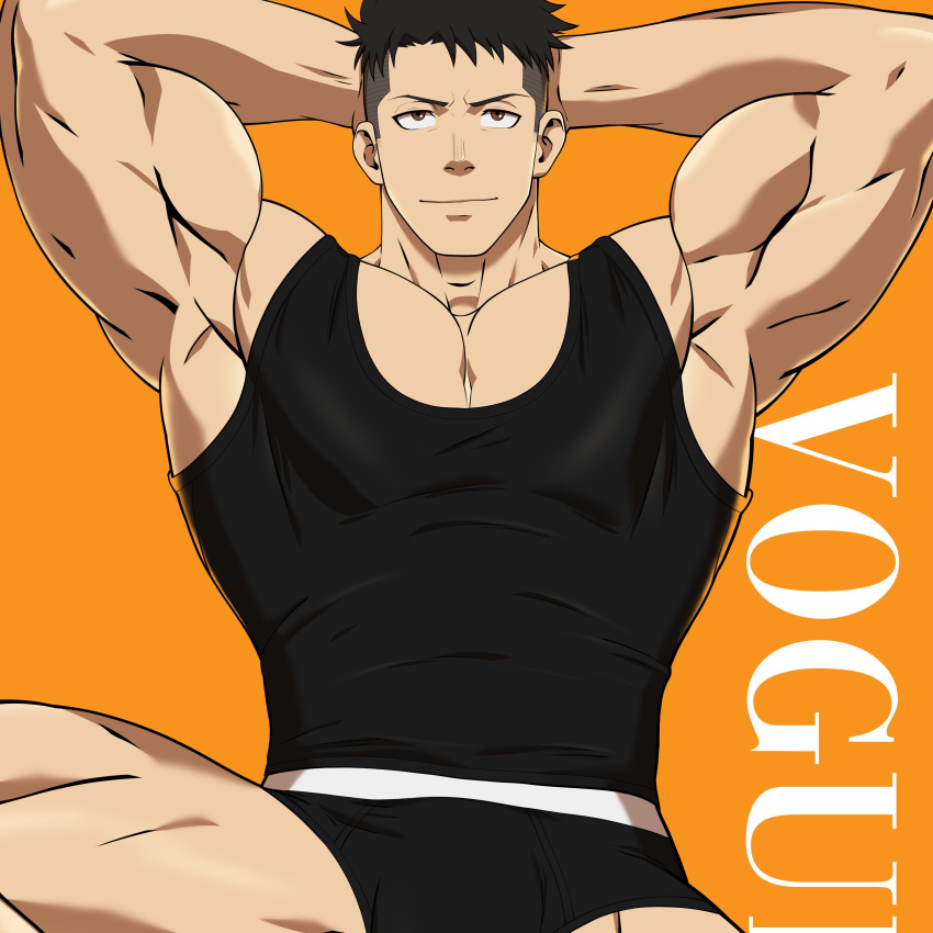 1boy akitaru_oubi bara biceps black_hair black_underwear brown_eyes crestren en_no_shouboutai enen_no_shouboutai fire_force flexing highres human human_only hunk male male_focus male_only muscular muscular_male navel navel_hair short_hair smile solo tanktop undercut underwear