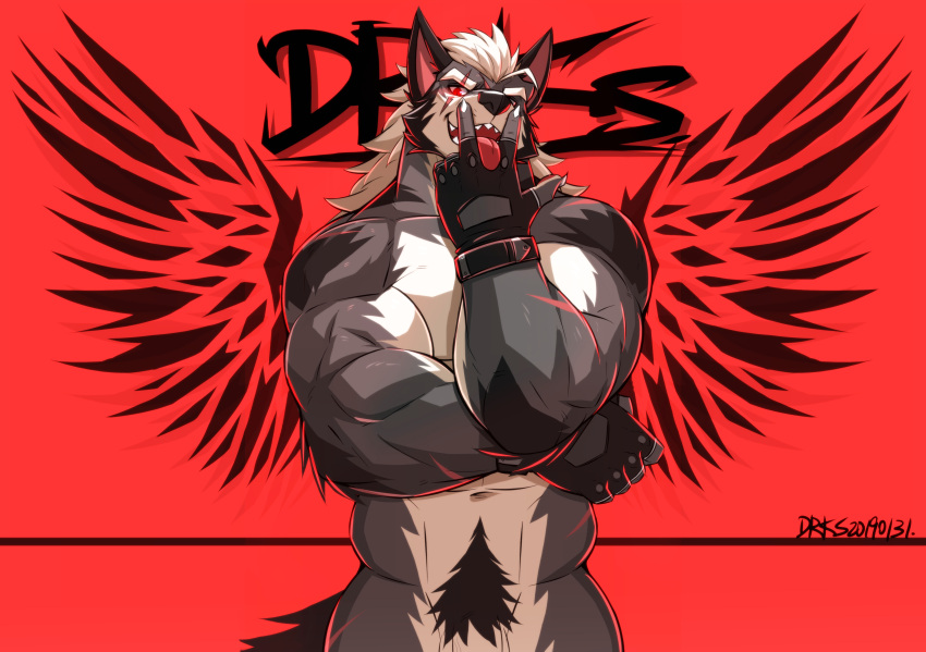 1boy absurd_res anthro biceps big_muscles canid canine canis claws clothing drks drks_(drks) eye_scar facial_scar fur genitals gloves hair handwear hi_res male male_only mammal muscular muscular_anthro muscular_male nude penis pubes red_eyes scar solo tongue tongue_out wolf