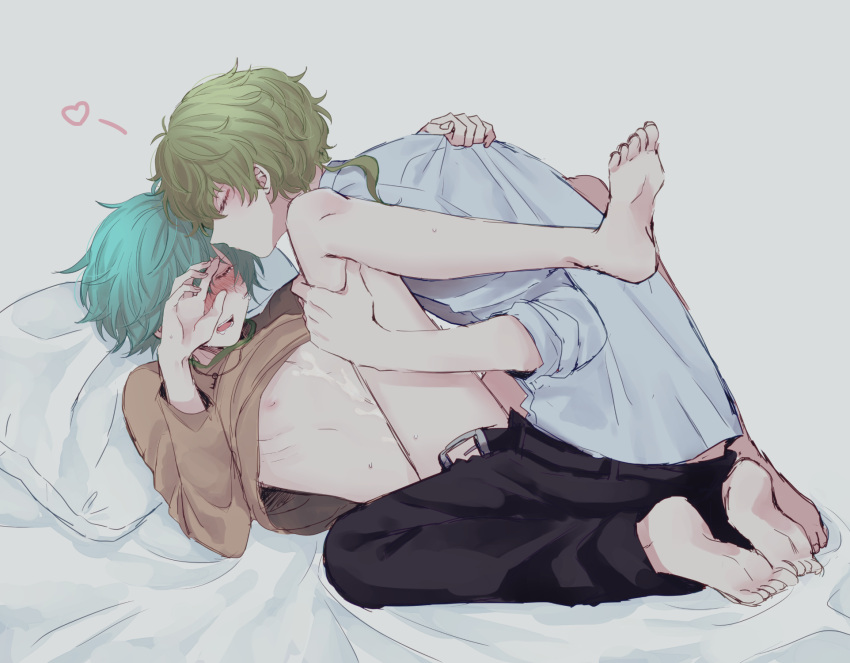 2boys barefoot blue_hair blush cum_on_body feet fully_clothed gay green_hair kimi_ga_shine legs_grab midori_(your_turn_to_die) shin_tsukimi soles sou_hiyori tears toes yaoi your_turn_to_die yttd