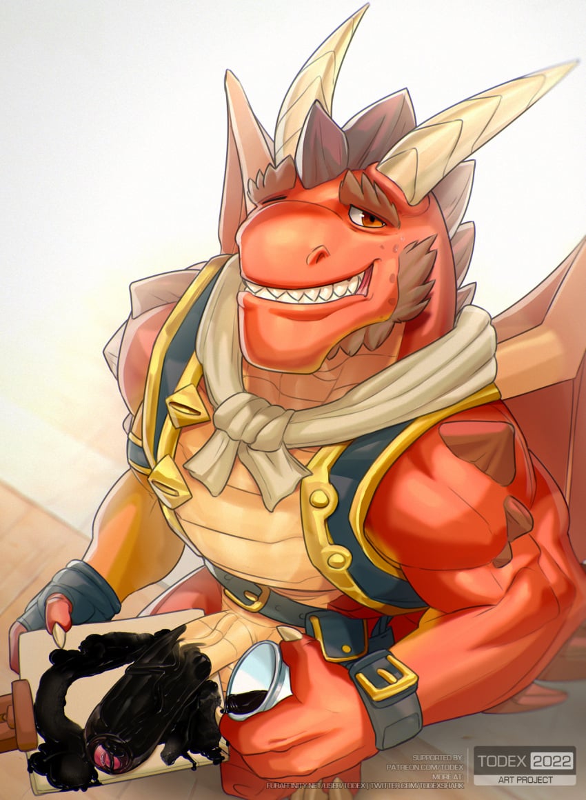 2022 activision anthro big_penis bodily_fluids delbin_(spyro) dragon embarrassed erection foreskin genitals grin hi_res humanoid_genitalia humanoid_penis ink looking_at_viewer male muscular muscular_male penis rescued_dragons_(spyro) smile solo spyro_reignited_trilogy spyro_the_dragon sweat todex video_games watermark