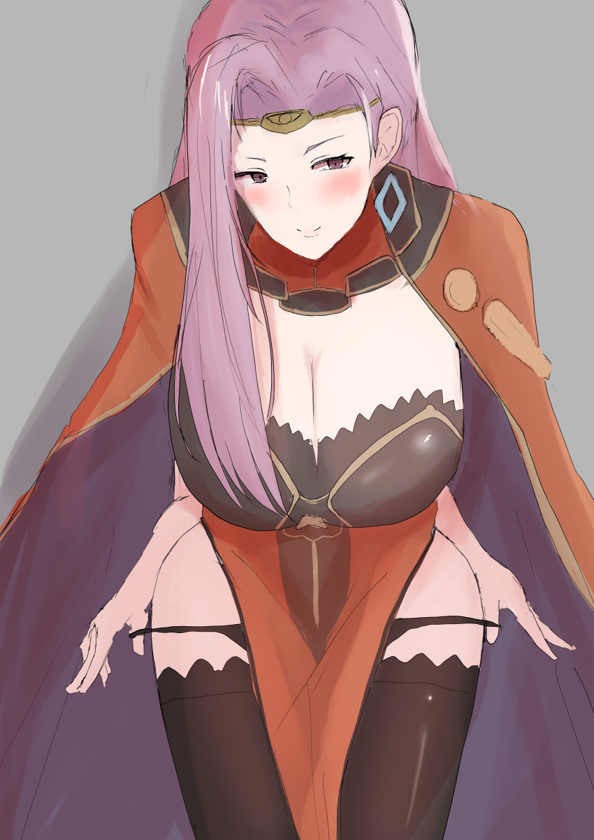 1girls black_legwear black_panties blush breasts cleavage commission cowboy_shot earrings female female_only fire_emblem fire_emblem_echoes:_shadows_of_valentia fire_emblem_gaiden grey_background hanging_breasts huge_breasts long_hair looking_at_viewer nintendo panties purple_eyes purple_hair simple_background skeb_commission smile solo sonya_(fire_emblem) tatsu_(user_rjes8545) thighhighs undressing very_long_hair