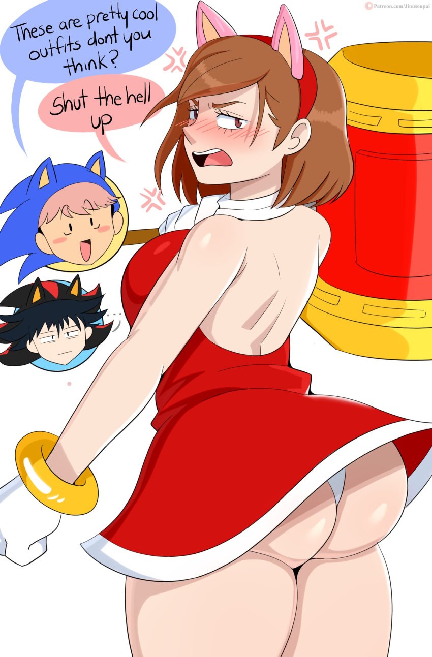 1girls 2boys aged_up alternate_ass_size alternate_breast_size amy_rose_(cosplay) ass big_ass big_breasts breasts bubble_butt cosplay crossover english_text female fushiguro_megumi huge_ass huge_butt itadori_yuuji jinu jujutsu_kaisen kugisaki_nobara large_ass large_breasts male shadow_the_hedgehog_(cosplay) sonic_(series) sonic_the_hedgehog_(cosplay) speech_bubble text thick_thighs thong upskirt weird_crossover white_background wide_hips