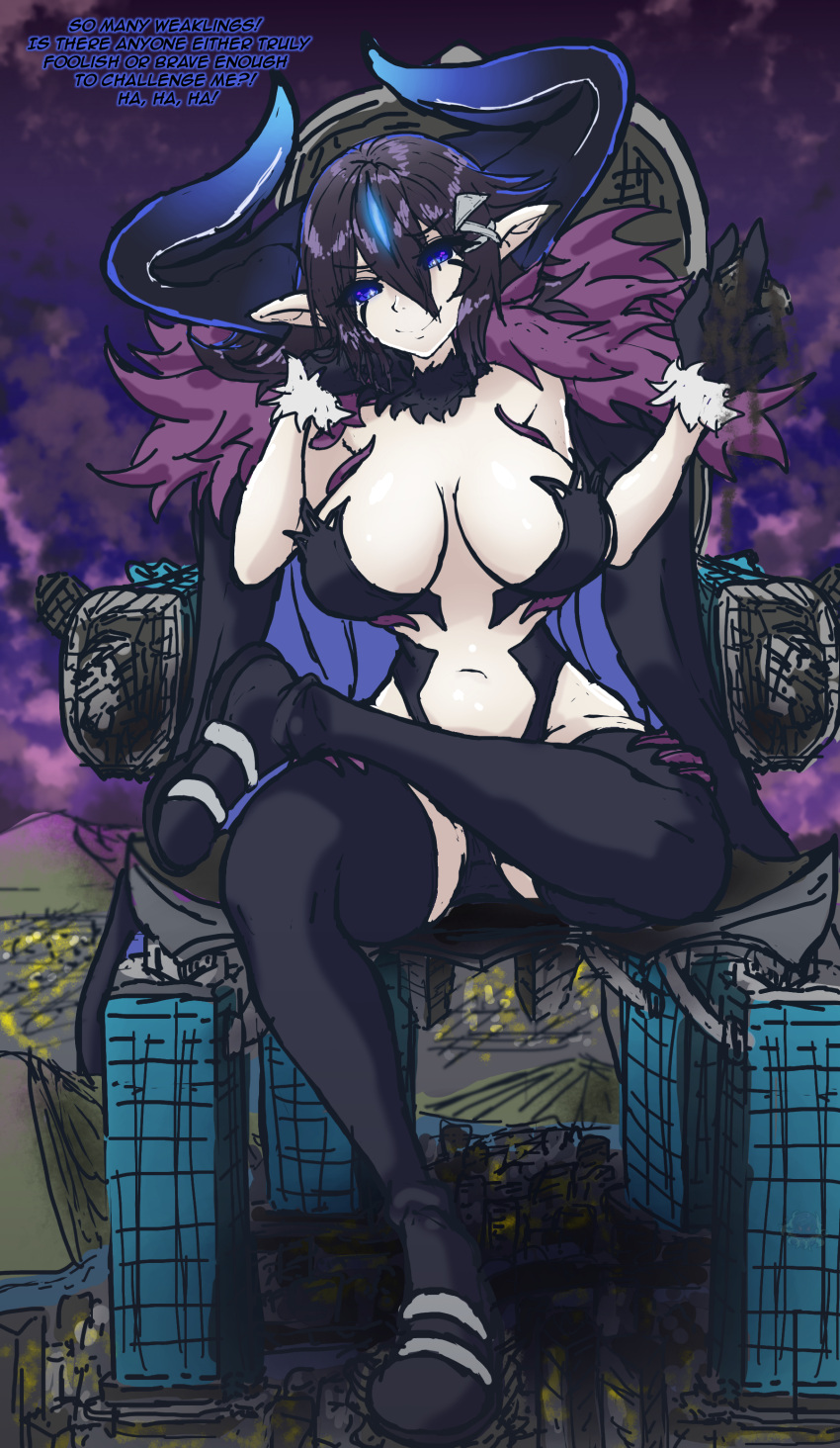 absurdres asagi_asagiri black_hair blue_eyes breasts buildings cape city cleavage commissioner_upload demon_girl destruction disgaea disgaea_rpg ember_naga female_focus fur_collar fur_cuffs giant giantess glowing glowing_eyes glowing_hair gradient_horns hair_ornament hairclip highres horns large_breasts legs_crossed looking_down multicolored_horns nippon_ichi_software overlord_asagi pointy_ears slingshot_swimsuit smile swimsuit throne