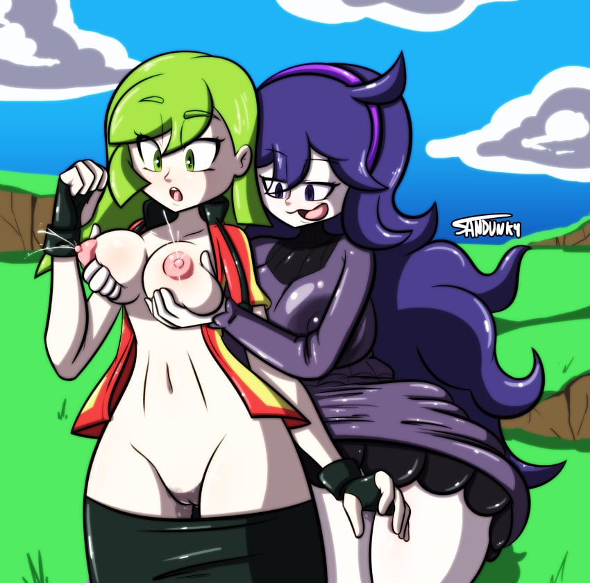 2girls ace_trainer_(pokemon) ace_trainer_(pokemon_oras) breast_grab breasts clouds exposed_pussy female female_focus female_only game_freak green_eyes green_hair groping hair hex_maniac human lactating lactation navel nintendo nipples npc_trainer pants_down pink_areola pink_nipples pokemon pokemon_oras pokemon_xy purple pussy pussy_juice sandunky stomach tummy vagina yuri