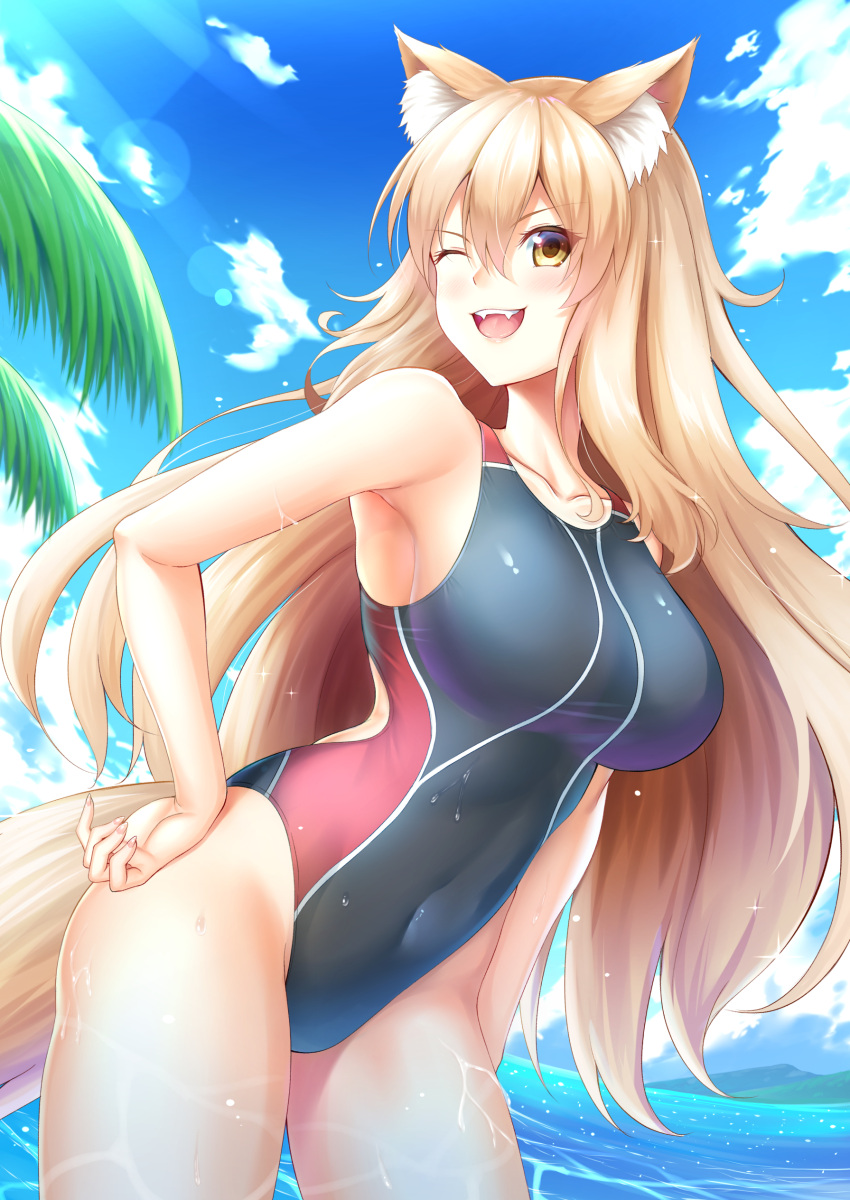 1girls animal_ears beach blonde_hair breasts fate_(series) female female_only fox_girl gold_hair large_breasts long_hair open_mouth solo suzuka_gozen_(fate) yuunagi_(0217)