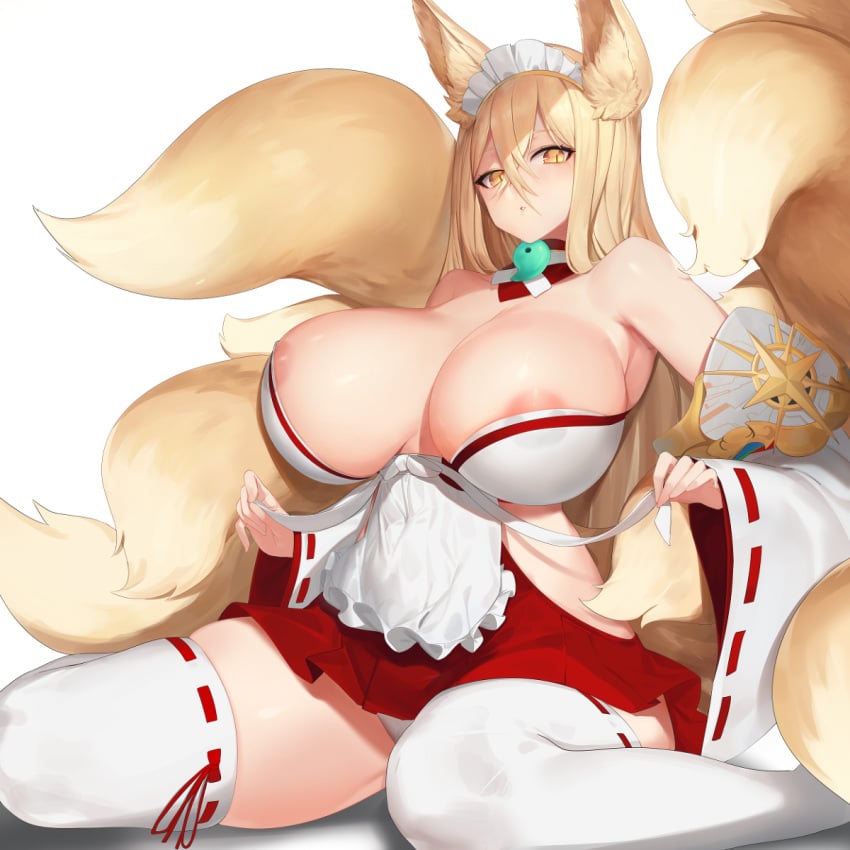 absurdres animal_ear_fluff animal_ears apron areolae bangs bare_shoulders breasts cleavage collarbone detached_sleeves eyebrows_visible_through_hair female fox_ears fox_girl fox_tail frilled_apron frills hair_between_eyes hakama hakama_skirt highres hirume_of_heavenly_incense huge_breasts jam_(nandade) japanese_clothes kitsune kyuubi last_origin long_hair looking_at_viewer magatama maid_headdress miko multiple_tails panties pantyshot parted_lips red_hakama ribbon-trimmed_legwear ribbon-trimmed_sleeves ribbon_trim sidelocks simple_background sitting skindentation slit_pupils solo strapless tail tail_raised thighhighs underwear very_long_hair wariza white_apron white_background white_legwear white_panties wide_sleeves