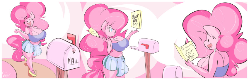 anthro anthrofied bottomwear breasts bulge cleavage english_text friendship_is_magic furry futanari genital_outline hasbro highres large_breasts mailbox my_little_pony penis_outline pink_body pink_hair pinkie_pie_(mlp) sanders shorts solo straight_hair text