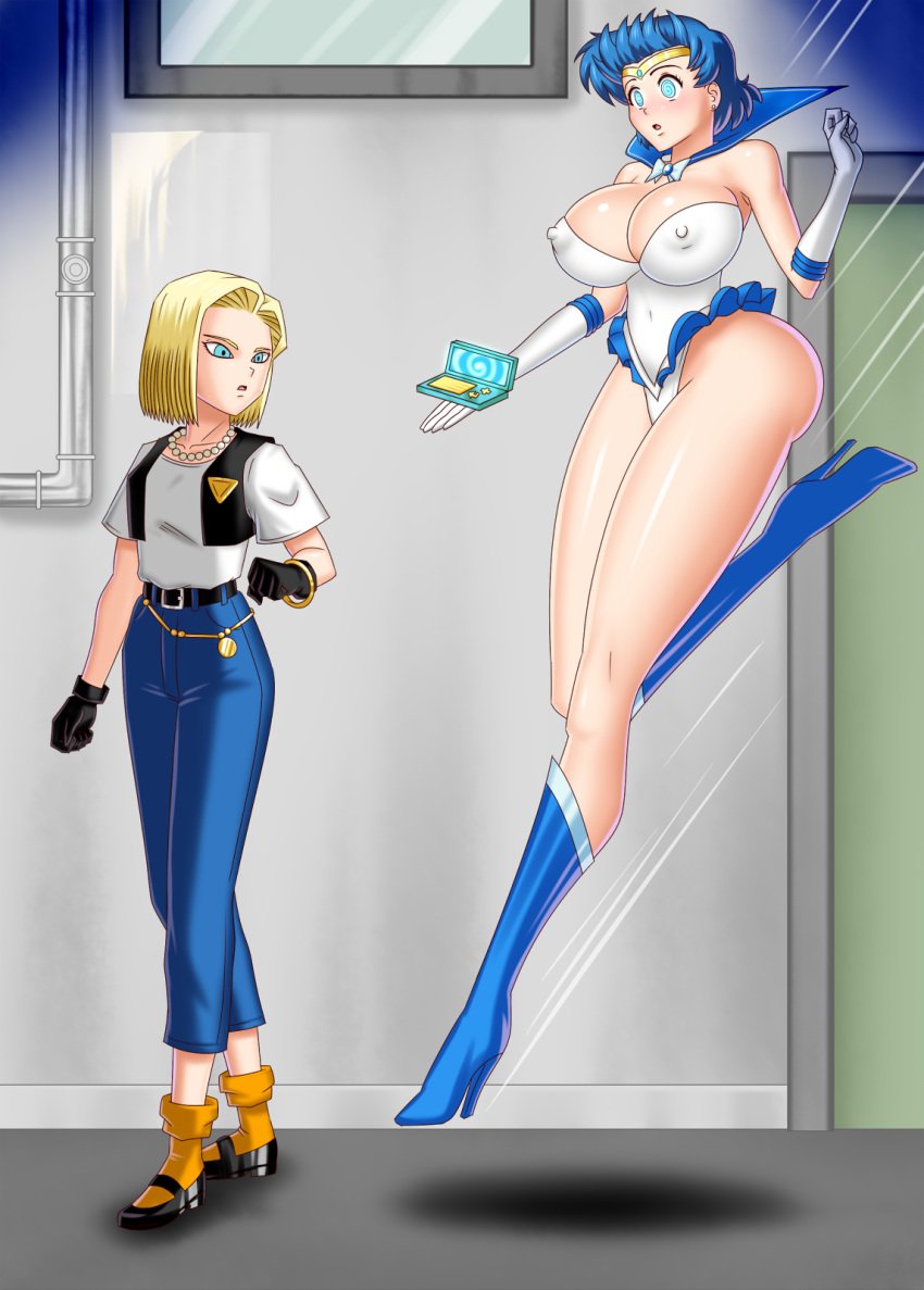 2girls ami_mizuno android_18 bishoujo_senshi_sailor_moon blonde_hair blue_eyes blue_hair bluebullpen boots breasts clothing crossover dragon_ball dragon_ball_z earrings erect_nipples erect_nipples_under_clothes female female_only high_heels huge_breasts hypnosis hypnotic_screen hypnotized jewelry large_breasts long_legs mary_janes multiple_girls no_eyewear sailor_mercury sailor_uniform short_hair spiral_eyes symbol_in_eyes tech_control