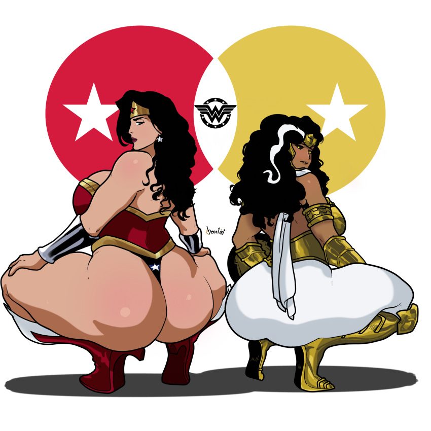 2girls amazon big_ass black_hair chocolate_and_vanilla dark-skinned_female dark_skin dc dc_comics diana_prince heartist huge_ass latina light-skinned_female long_hair maria_mendoza_(dc) multiple_girls pinup square_crossover squatting thick thick_ass thick_legs thick_thighs wonder_woman wonder_woman_(series)