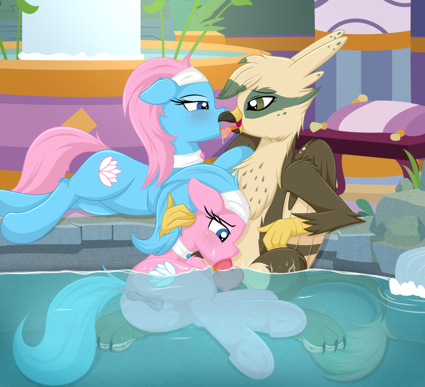 absurd_res aloe_(mlp) ass avian dillinger_(oc) equid equine fellatio female feral french_kissing friendship_is_magic genitals group group_sex gryphon hasbro hi_res horse kissing lotus_blossom male male/female mammal my_little_pony mythological_avian mythology oral partially_submerged penile penis pony pussy rainbownspeedash semi_incest sex sibling sister sisters threesome trio water