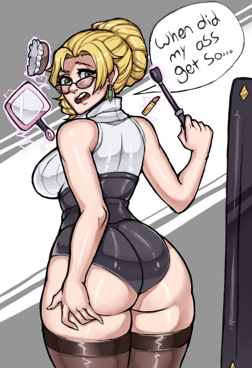 ass ass_grab big_ass big_breasts big_butt blonde_hair breasts brushado bubble_ass bubble_butt dialogue earrings english_text fat_ass fat_butt female female_only glasses glynda_goodwitch grabbing_own_ass green_eyes hair_brush hair_bun hand_on large_ass large_breasts large_butt lipstick looking_back mirror riding_crop rwby the_disciplinarian_(rwby) thick_ass thick_thighs wide_hips