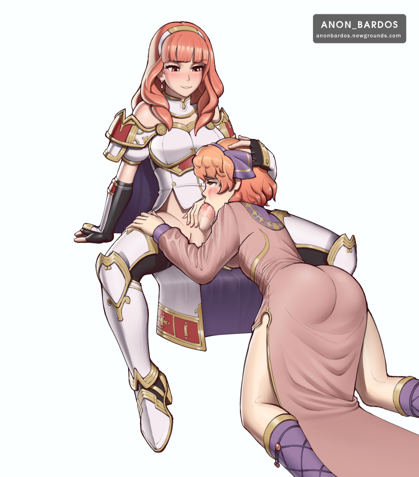 1futa 1girls anon_bardos ass balls blowjob blush breasts bulge celica_(fire_emblem) clothed clothing color dress duo erection fellatio female femsub fire_emblem fire_emblem_echoes:_shadows_of_valentia futa_on_female futadom futanari genny_(fire_emblem) hand_on_head human intersex mostly_clothed nintendo oral pale_skin penis red_eyes red_hair sitting testicles