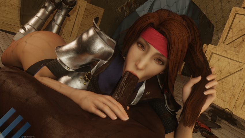 1boy 1girls 3d big_penis blowjob blowjob_face clothed_female_nude_male dark-skinned_male dark_skin echiee faceless_male female female_on_top final_fantasy final_fantasy_vii final_fantasy_vii_remake holding_hair interracial jessie_rasberry light-skinned_female lying_on_back male penis ponytail seventh_heaven_customer unseen_male_face