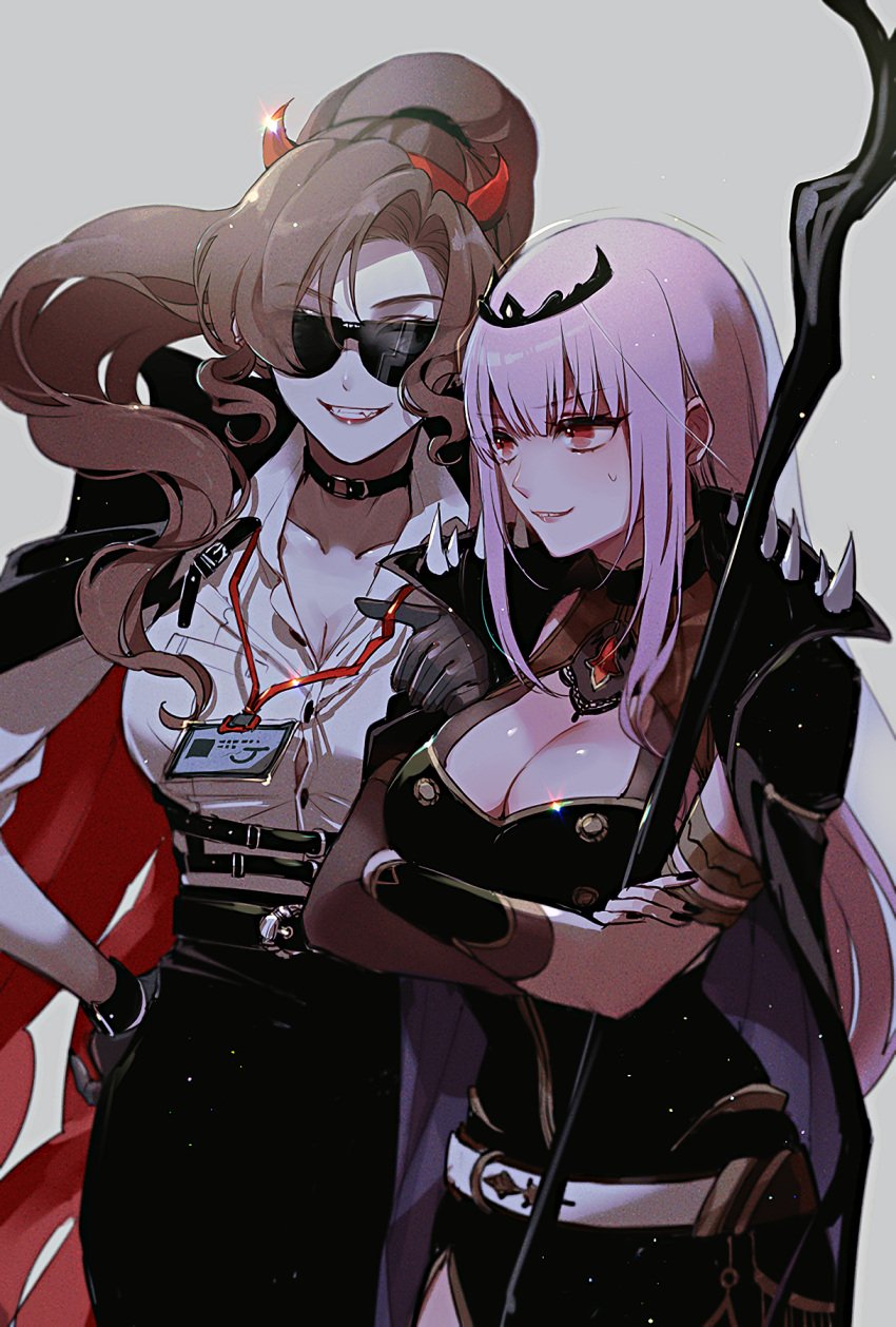 2girls big_breasts black_nails brown_hair chino_machiko cleavage cleavage_cutout clothed clothed_female coat colored eyebrows_visible_through_hair eyewear_removed fake_horns female female_only fingernails fully_clothed hololive hololive_english hololive_myth horn j-chad lipstick long_hair looking_aside mamaloni milf mori_calliope nail_polish open_jacket pink_hair ponytail red_cape red_eyes scythe sharp_teeth shine simple_background size_difference smiling spikes sunglasses sunglasses_removed sweatdrop tagme veil virtual_youtuber white_background wide_hips