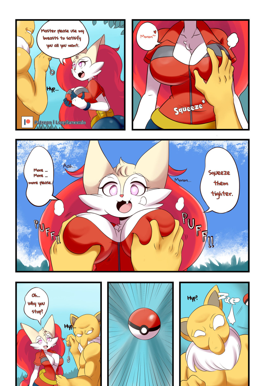 anthro border braixen bray_(lucyfercomic) breast_grab breasts clothed clothing dialogue duo female fur hand_on_breast heart hi_res hypno hypnosis lucyfercomic male male/female mind_control nintendo poke_ball pokemon pokemon_(species) purple_eyes red_body red_fur speech_bubble video_games white_body white_eyes white_fur yellow_body yellow_fur