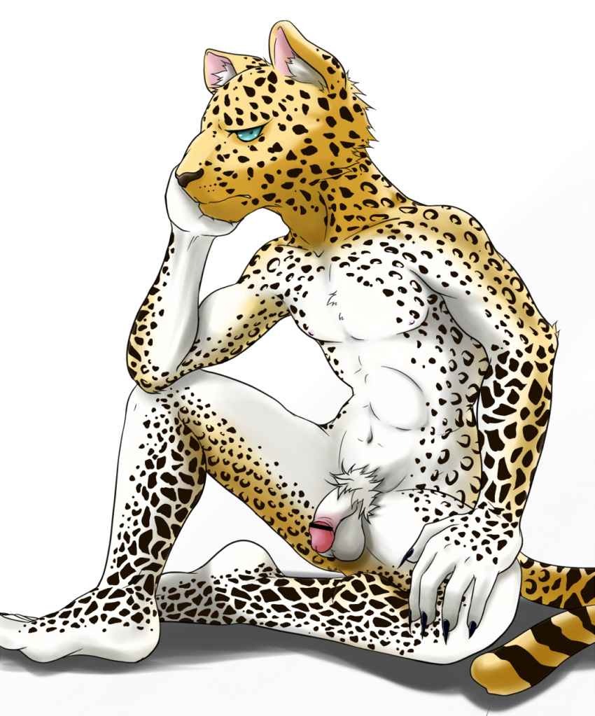 anthro blue_eyes censored chirashi_(matsu13) flaccid furry leopard looking_at_viewer male male_only megami_tensei ose_(megami_tensei) penis pointless_censoring pubic_hair shin_megami_tensei sitting solo_male spotted_fur white_background