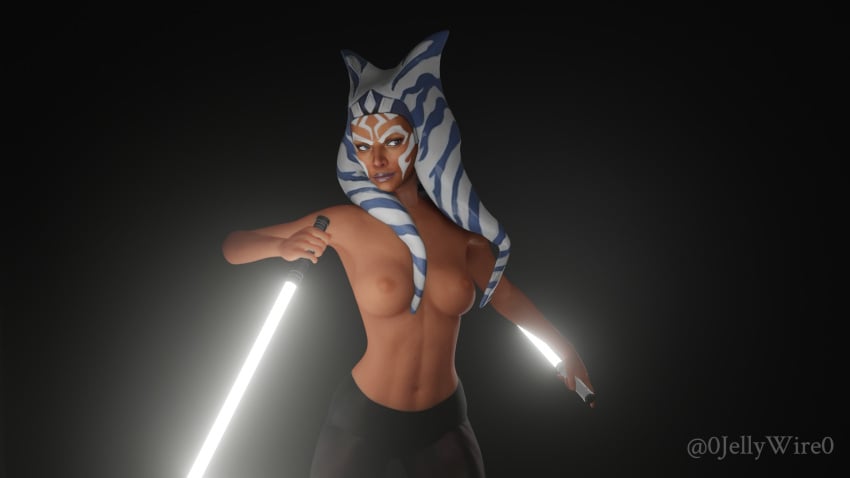 0jellywire0 1girls 3d ahsoka_tano alien big_breasts black_background blue_eyes breasts busty female_focus female_only half-dressed jedi light_saber muscular muscular_female nipples orange_skin simple_background smile solo star_wars star_wars_rebels watermark