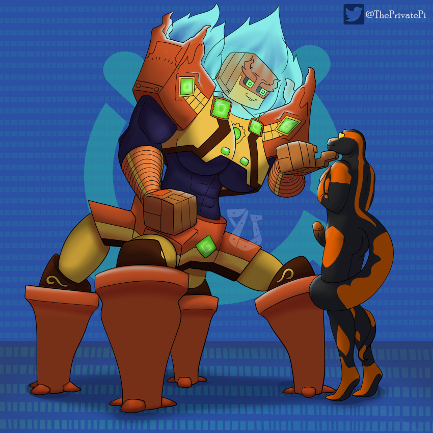 <3_eyes 2021 4_fingers 4_legs abs absurd_res amphibian anthro arm_markings arm_spikes armor ass big_breasts black_body blue_background blue_fire breastplate breasts brown_body clothing colored_fire dark_blue_body disney duo erection female finger_under_chin fingers fire fire_salamander_(salamander) fist flaming_hair flirting gauntlets gem genitals gloves green_eyes handwear heart hi_res humanoid_genitalia humanoid_penis jewish_mythology korozama larger_female male male/female markings max_(maxdamage_rulz) multicolored_body muscular muscular_anthro muscular_female mythological_golem mythology orange_body pattern_background penis pseudo_hair pupils rear_view salamander_(amphibian) shoulder_markings shoulder_spikes signature simple_background size_difference smile spectrobes spikes spikes_(anatomy) square_eyes square_pupils tail_around_leg tiptoes two_tone_body unibro_pi yellow_body