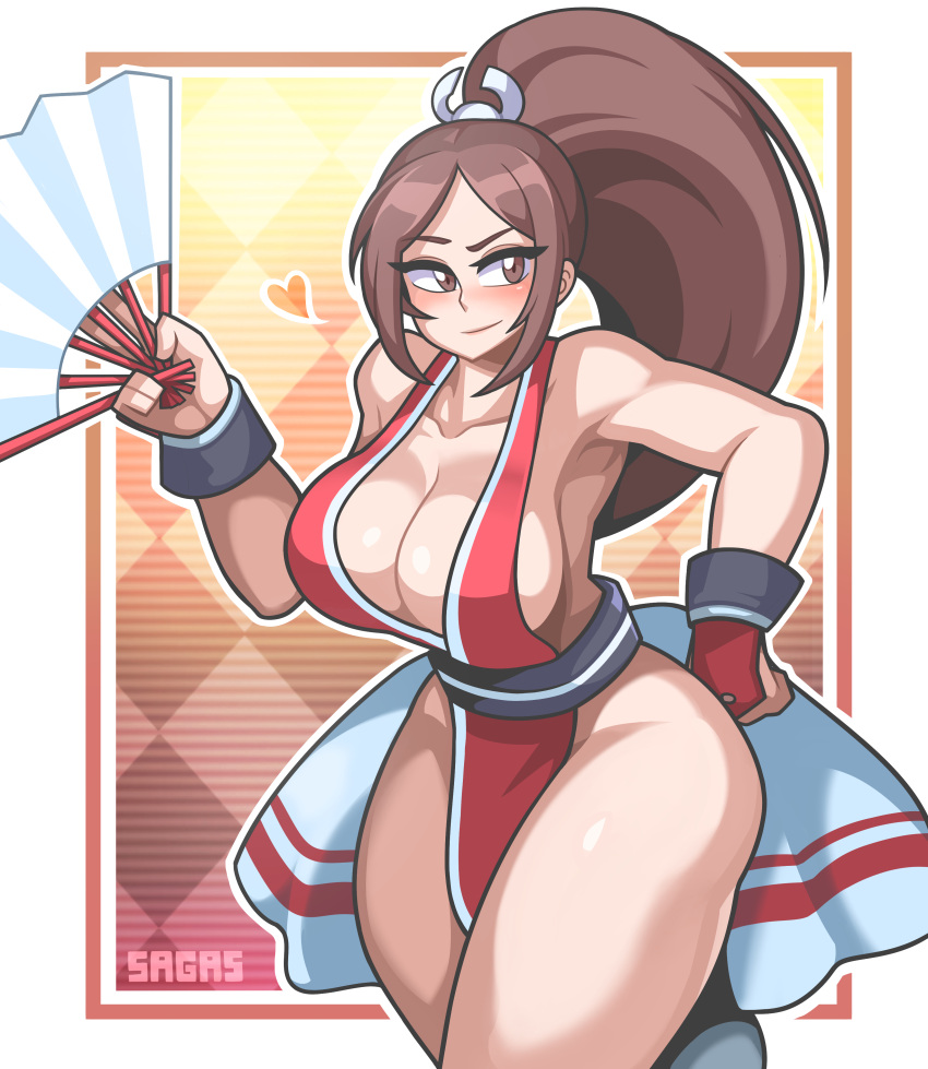 1girls bare_legs bare_shoulders breasts brown_eyes brown_hair cleavage cute female female_only king_of_fighters large_breasts mai_shiranui milf no_bra no_panties no_underwear revealing_clothes sagas sideboob snk solo thick thick_thighs