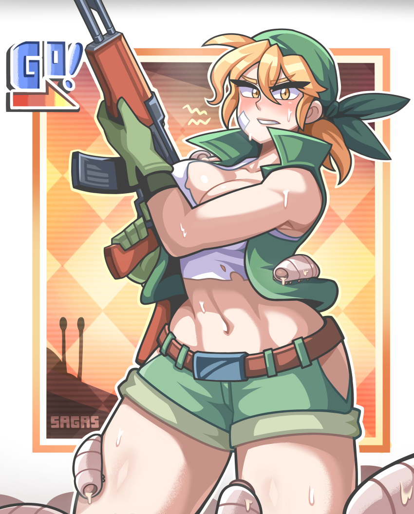 1girls bare_hips bare_midriff big_breasts blonde_hair cleavage eri_kasamoto female female_only kalashnikov metal_slug sagas thick_thighs yellow_eyes