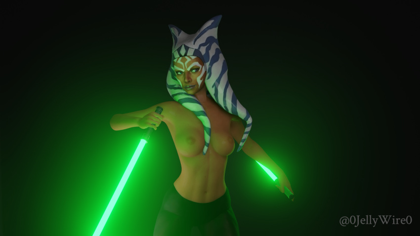 0jellywire0 1girls 3d ahsoka_tano alien big_breasts black_background blue_eyes breasts busty female_focus female_only half-dressed jedi light_saber muscular muscular_female nipples orange_skin simple_background smile solo star_wars star_wars_rebels watermark