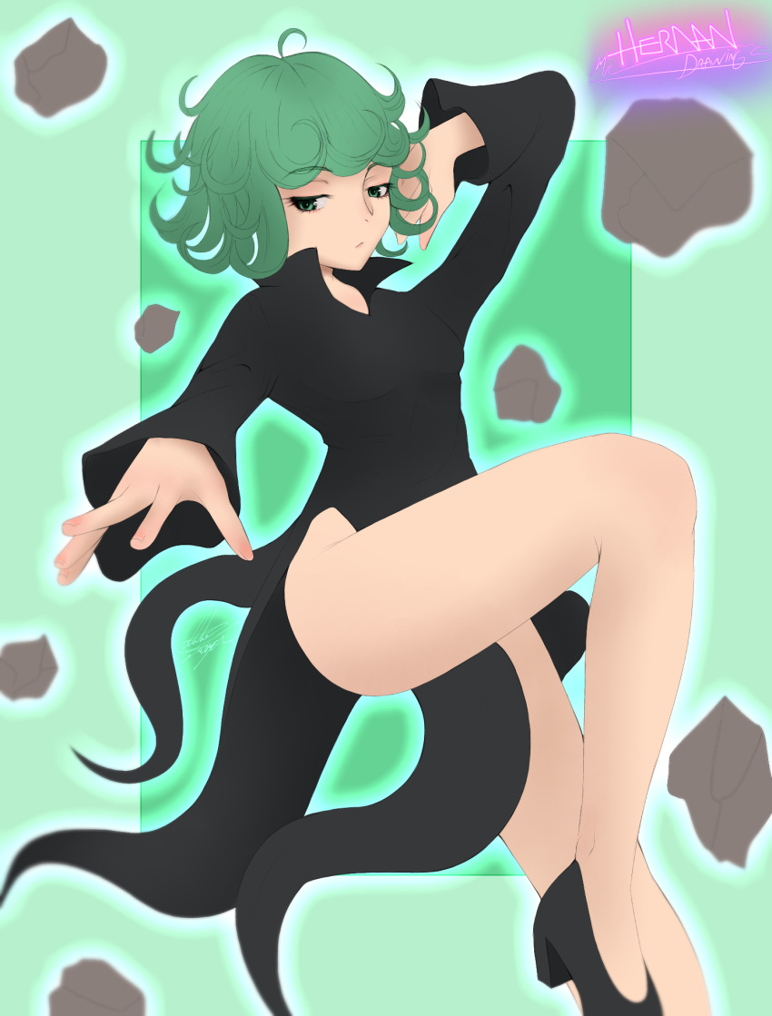 1girls black_clothes black_clothing black_high_heels colocho curls curly_hair female female_only green_eyes green_hair high_heels mrhernandrawings one-punch_man ribs short_hair skinny skinny_girl small_breasts small_hips smaller_female solo tatsumaki thighs