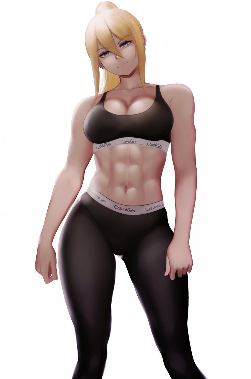 abs blonde_hair blue_eyes calvin_klein looking_at_viewer metroid nintendo ponytail samus_aran sidelocks simple_background smile smirk solo underwear white_background yoga_pants zaki_btw