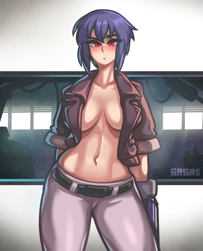 1girls belly_button belt blush breasts clothing coat female female_only firearm ghost_in_the_shell handgun handwear human kusanagi_motoko no_bra outerwear red_eyes sagas short_hair solo solo_female weapon