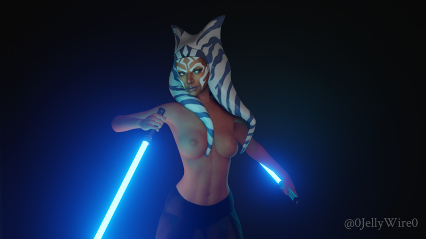 0jellywire0 1girls 3d ahsoka_tano alien big_breasts black_background blue_eyes breasts busty female_focus female_only half-dressed jedi light_saber muscular muscular_female nipples orange_skin simple_background smile solo star_wars star_wars_rebels togruta watermark