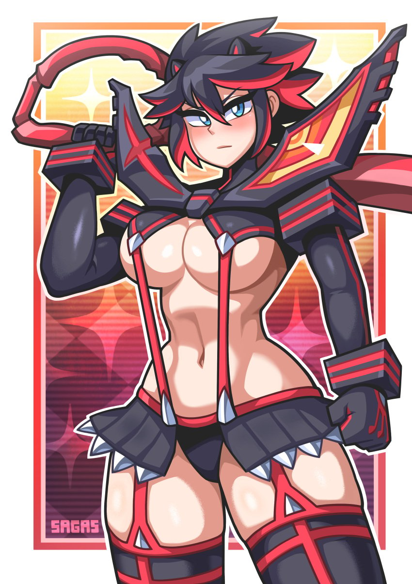 1girls bare_midriff big_breasts blue_eyes breasts female female_only kill_la_kill matoi_ryuuko sagas scissor_blade scissor_blade_(kill_la_kill) senketsu short_hair tagme thick_thighs underboob