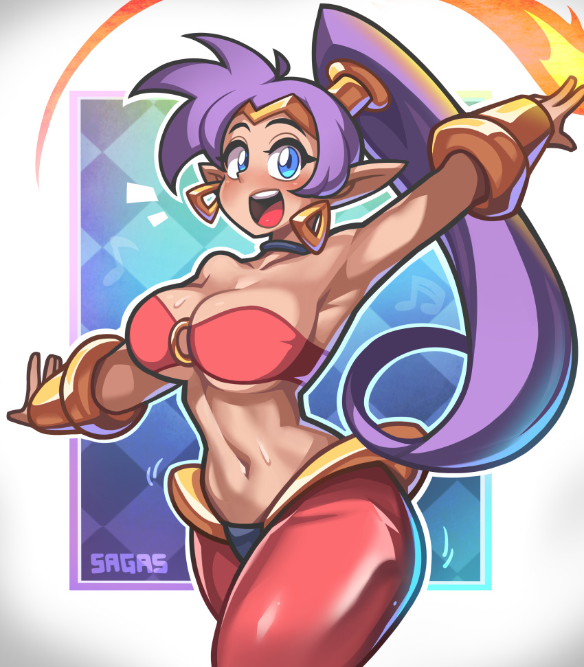 1girls armpits bare_midriff bare_shoulders belly_button big_breasts blue_eyes breasts cute dancer_outfit female female_only harem_outfit highres purple_hair sagas shantae shantae_(character) solo solo_female thick_thighs